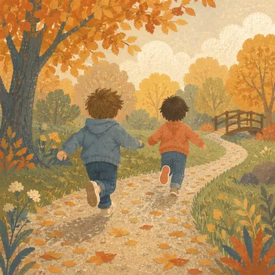 Children Running Through Autumn Park Path