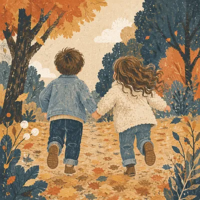 Children Running Through Autumn Park Leaves