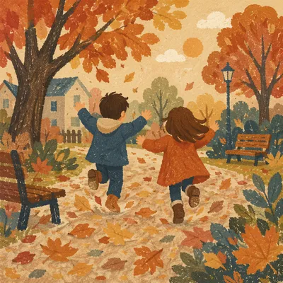 Children Running Through Autumn Park Leaves