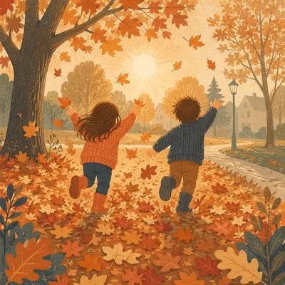 Children Running Through Autumn Park Leaves
