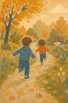 Children Running Through Autumn Park Path