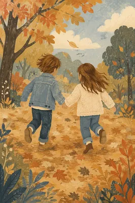 Children Running Through Autumn Park Leaves