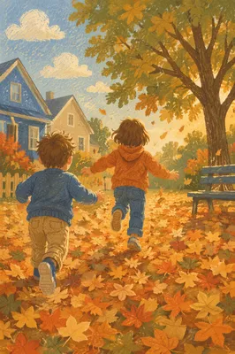 Children Running Through Autumn Park Leaves