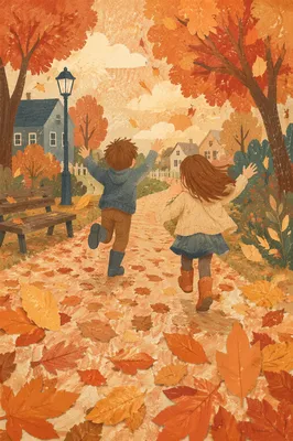 Children Running Through Golden Autumn Park