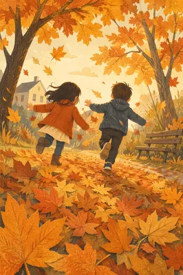 Children Running Through Golden Autumn Park