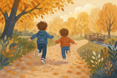 Children Running Through Autumn Park Path