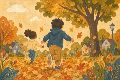 Children Running Through Autumn Park Leaves
