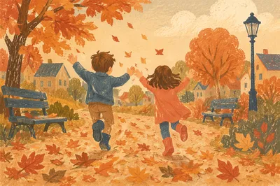 Children Running Through Autumn Park Leaves