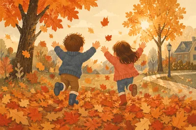 Children Running Through Autumn Park Leaves