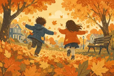 Children Running Through Golden Autumn Park