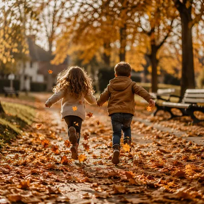 Children Running Through Golden Autumn Park