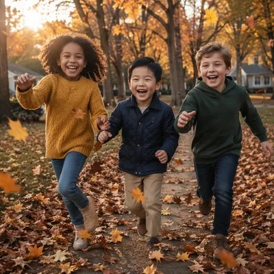 Kids Running Through Autumn Park Leaves