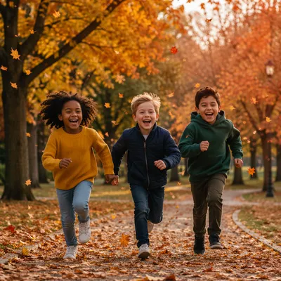 Three Children Running Through Autumn Park