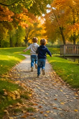 Children Running Through Autumn Park Path