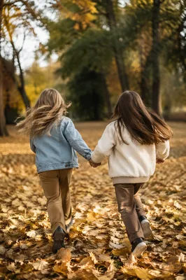 Children Running Through Autumn Park Leaves