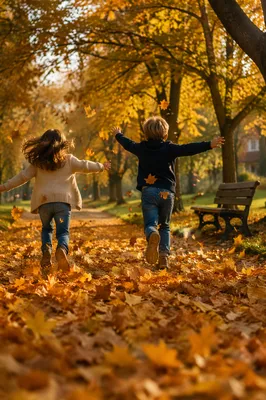 Children Running Through Golden Autumn Park