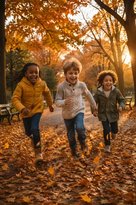 Children Running Through Autumn Park Leaves
