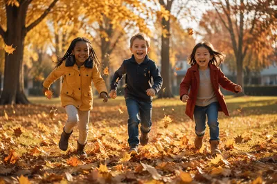 Three Children Running Through Autumn Park