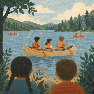 Kids Summer Camp Canoeing at Peaceful Lake