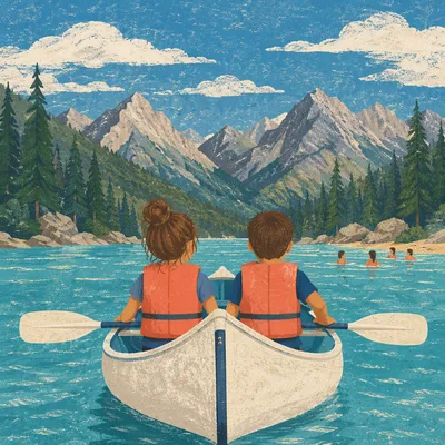 Kids Summer Camp Canoe on Mountain Lake