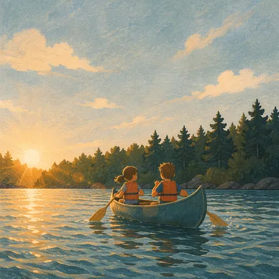 Kids Summer Camp Canoeing on Quiet Lake