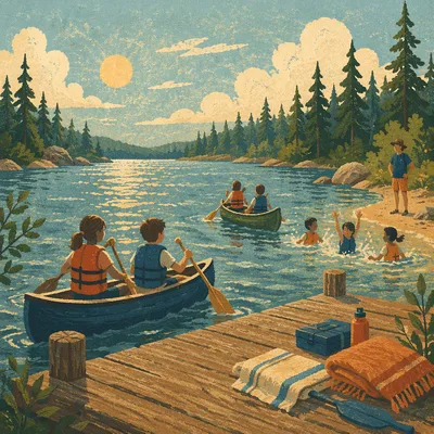 Kids Canoeing at Summer Camp Lake