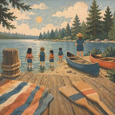 Kids Summer Camp Lake Canoe Scene