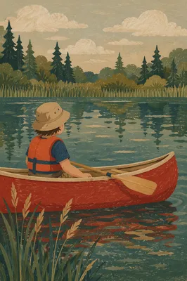 Child in Red Canoe at Summer Lake