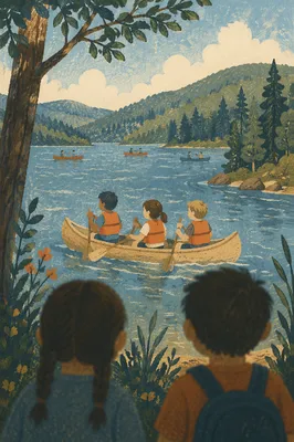 Kids Summer Camp Canoeing on Quiet Lake