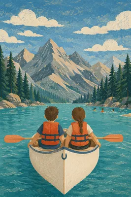 Kids Canoeing at Mountain Summer Camp Lake