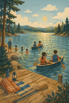 Kids Canoeing at Summer Camp Lake