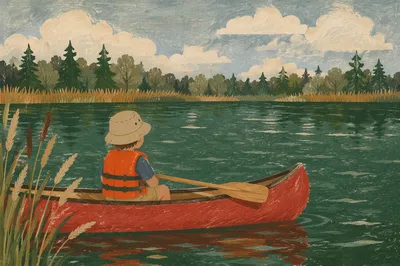 Child Canoeing on Peaceful Summer Lake