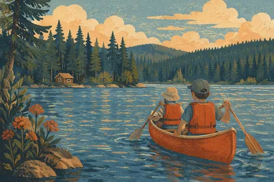 Kids Summer Camp Canoe on Calm Lake