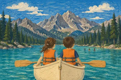 Kids Canoeing at Summer Camp Lake