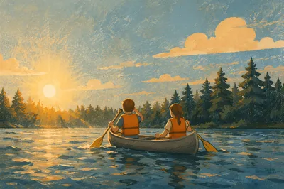 Kids Summer Camp Canoe on Calm Lake