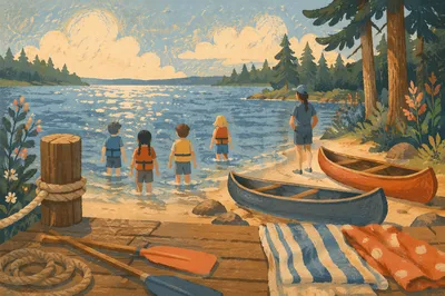 Kids Summer Camp Lake Canoe Scene