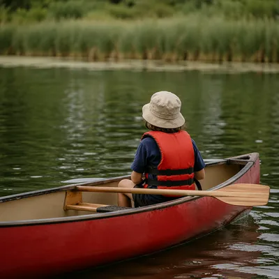Child Canoeing on Peaceful Summer Lake