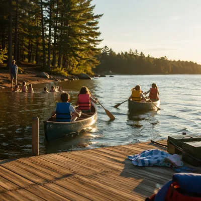 Kids Canoeing at Summer Camp Lake