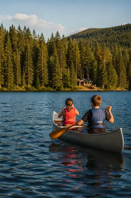 Kids Summer Camp Canoe on Calm Lake