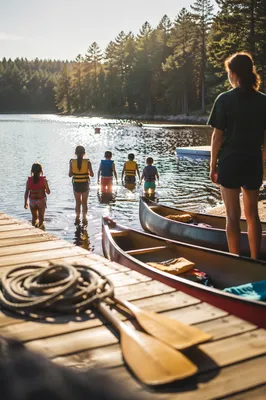 Kids Summer Camp Lake Canoe Scene