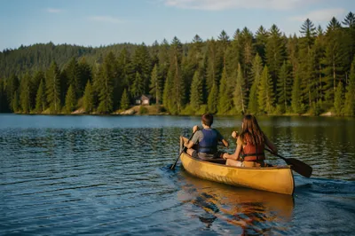 Kids Summer Camp Canoe on Calm Lake