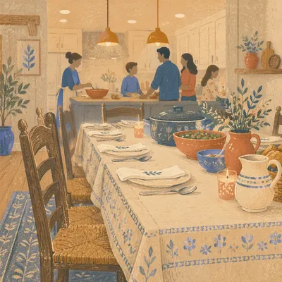 Warm Family Dinner Table in Kitchen