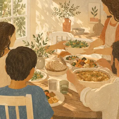 Warm Family Dinner at Kitchen Table