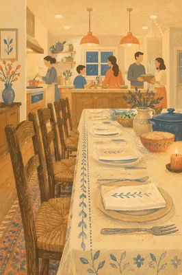 Warm Family Dinner Table in Kitchen