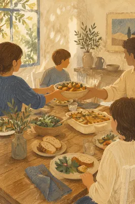 Warm Family Dinner at Kitchen Table