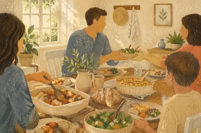 Family Home-Cooked Dinner at Kitchen Table