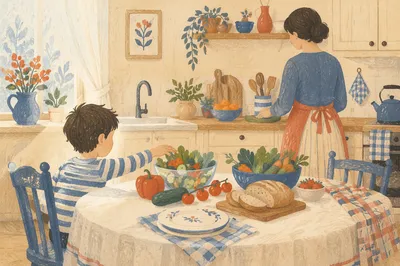 Family Cooking Together at Cozy Kitchen Table