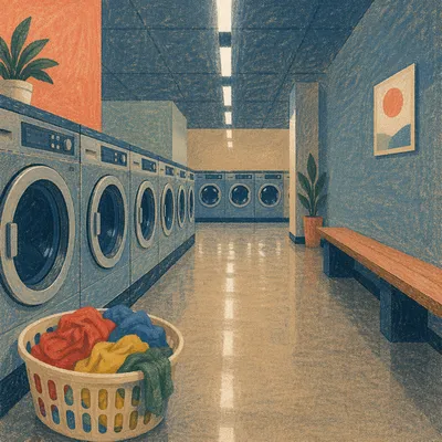 Colorful Clothes in Quiet Laundromat Aisle