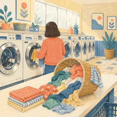 Bright Laundromat Morning With Colorful Laundry