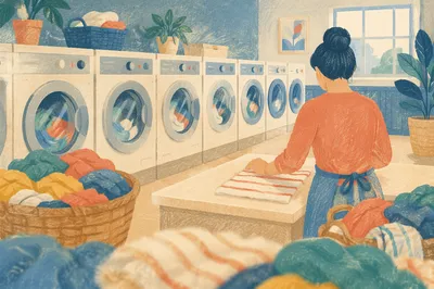 Colorful Clothes in Quiet Neighborhood Laundromat